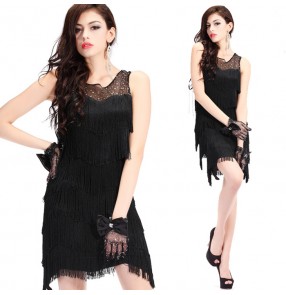 Black layers fringes tassels mesh fabric patchwork sleeveless women's ladies female competition performance latin salsa cha cha dance dresses outfits